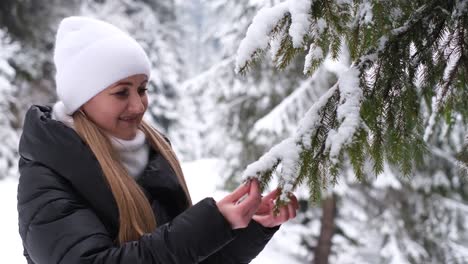 blonde in the winter forest she inspects the snowcovered christmas tree blonde in the winter forest she inspects the snowcovered christmas tree woman in winter forest looking back girl with blond hair in a coat outdoors