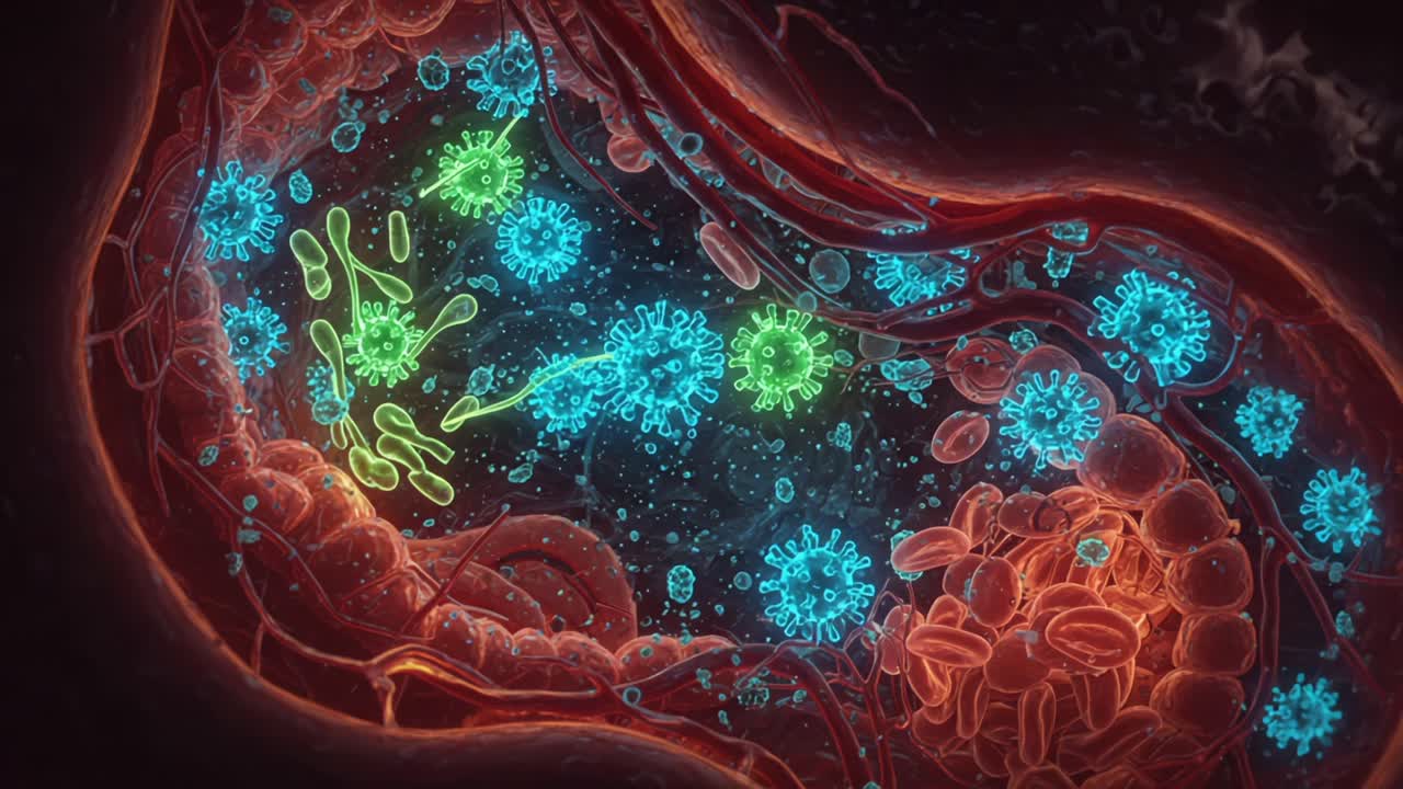 Visual Representation of Microbial Interactions: A Detailed Examination of Colorful Bacteria and Viruses in a Dynamic Biological Environment