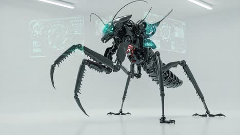 a high-tech robotic insect: exploring the fusion of machinery and nature in a futuristic lab setting with advanced display interfaces