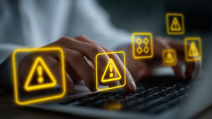 A Focused Individual Utilizing a Laptop While Engaging with Digital Warning Symbols Illustrating Potential Alerts or Errors in a Technological Environment