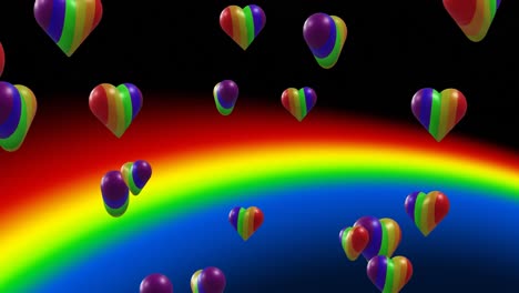 Animation-Von-Regenbogenherzen,-Die-Sich-über-Den-Regenbogen-Auf-Schwarzem-Hintergrund-Bewegen