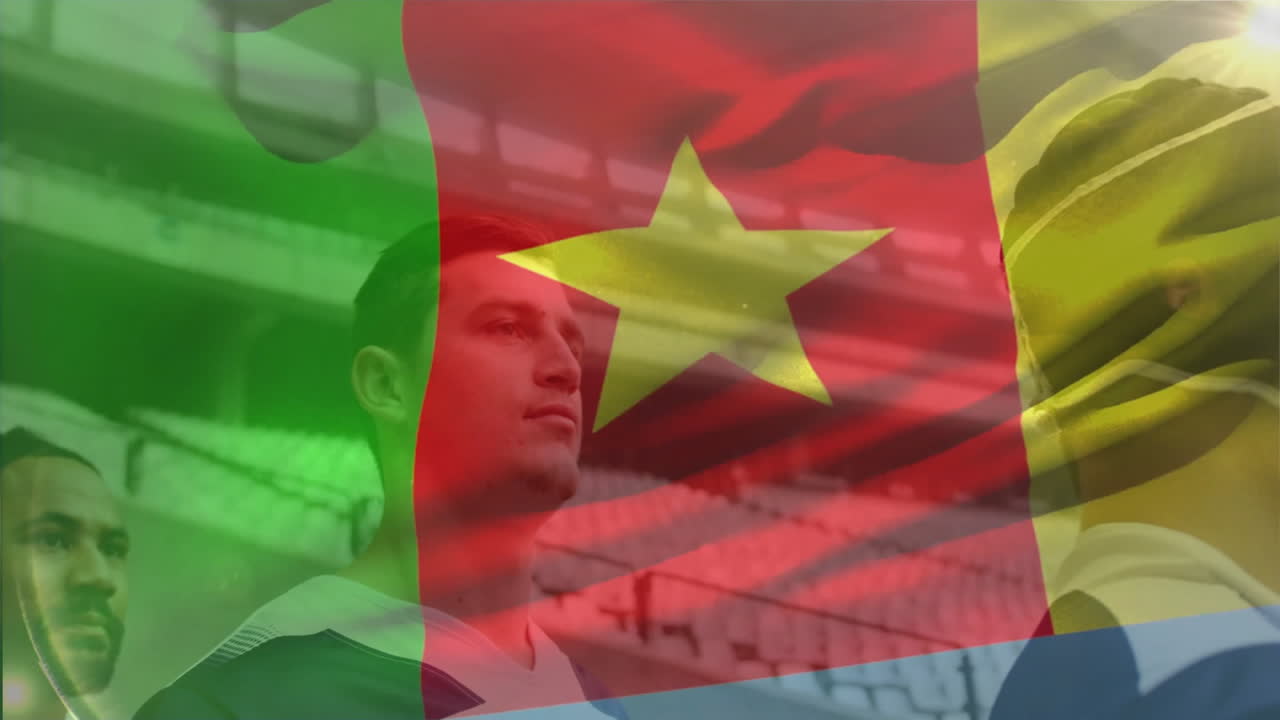 Standing in stadium, rugby players with Cameroon flag animation in background