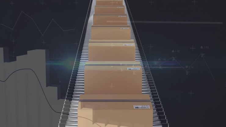 Animation of statistics processing over cardboard boxes on conveyor belt on black background