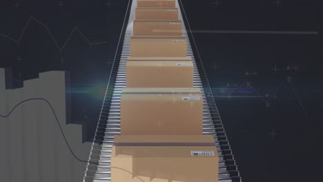 animation of statistics processing over cardboard boxes on conveyor belt on black background