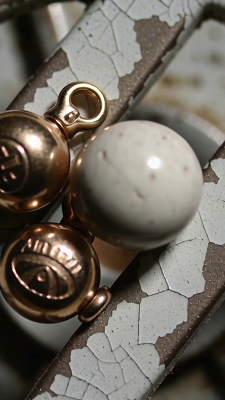 Vertical video: Panning camera showing white dotted bead, gold caps on cracked slat, showing detail