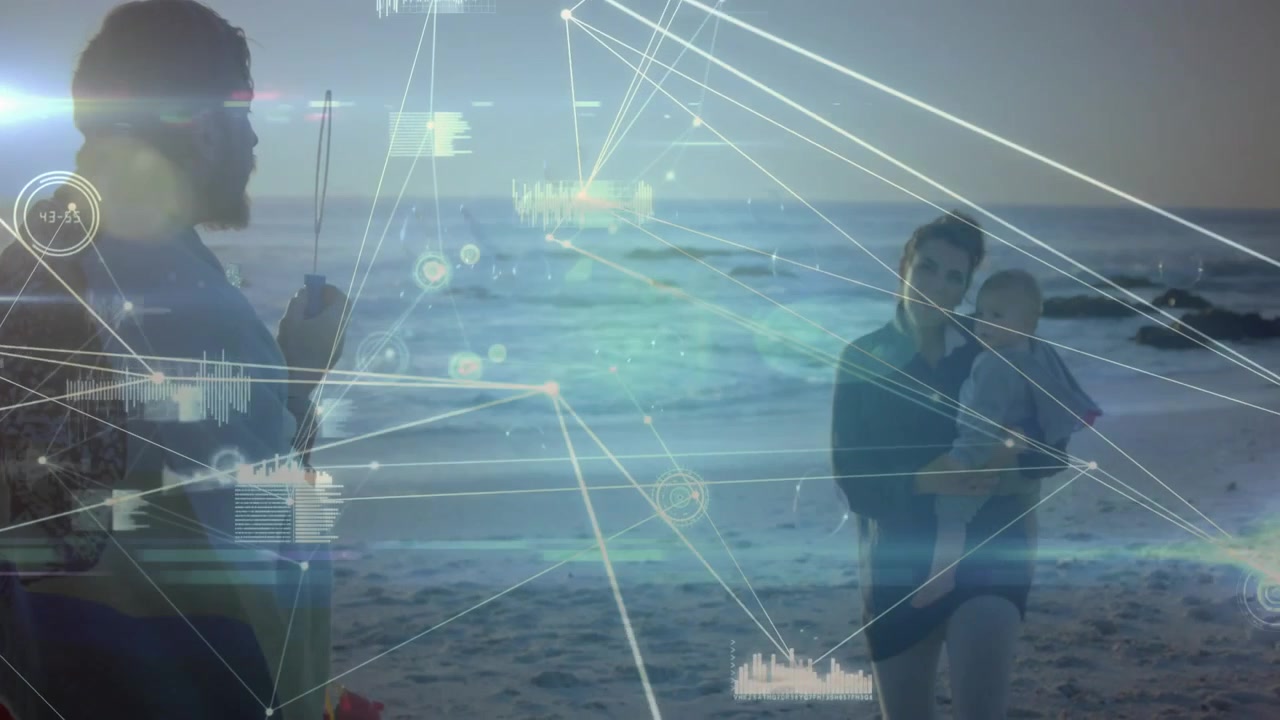 Man manipulating device and initiating AR overlays linking horizon, woman holding baby gesturing