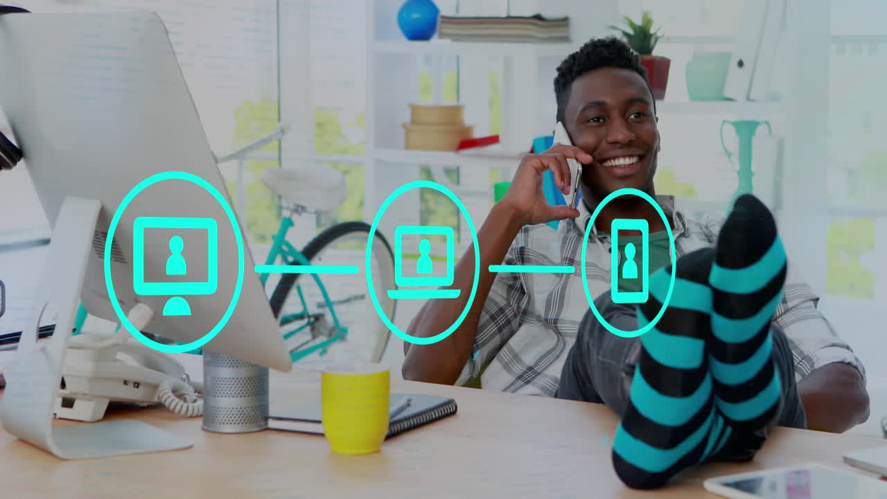 Network of connection icons against man talking on smartphone