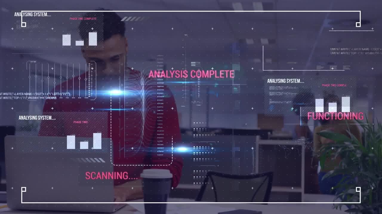 Animation of data processing over diverse business people in office