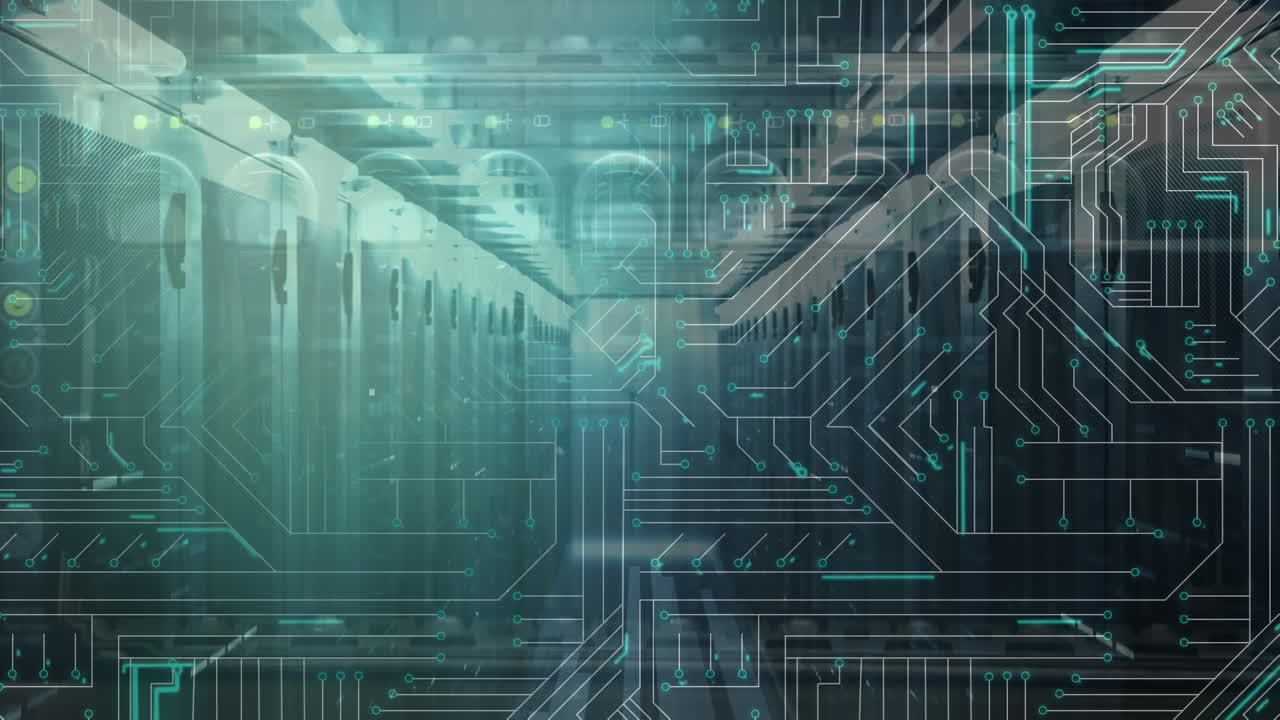 Animation of lines moving in circuit board pattern against server room in background