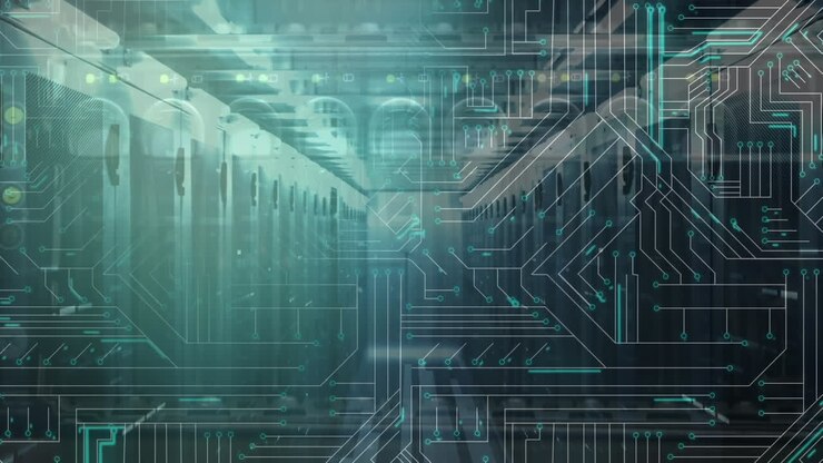 Animation of lines moving in circuit board pattern against server room in background