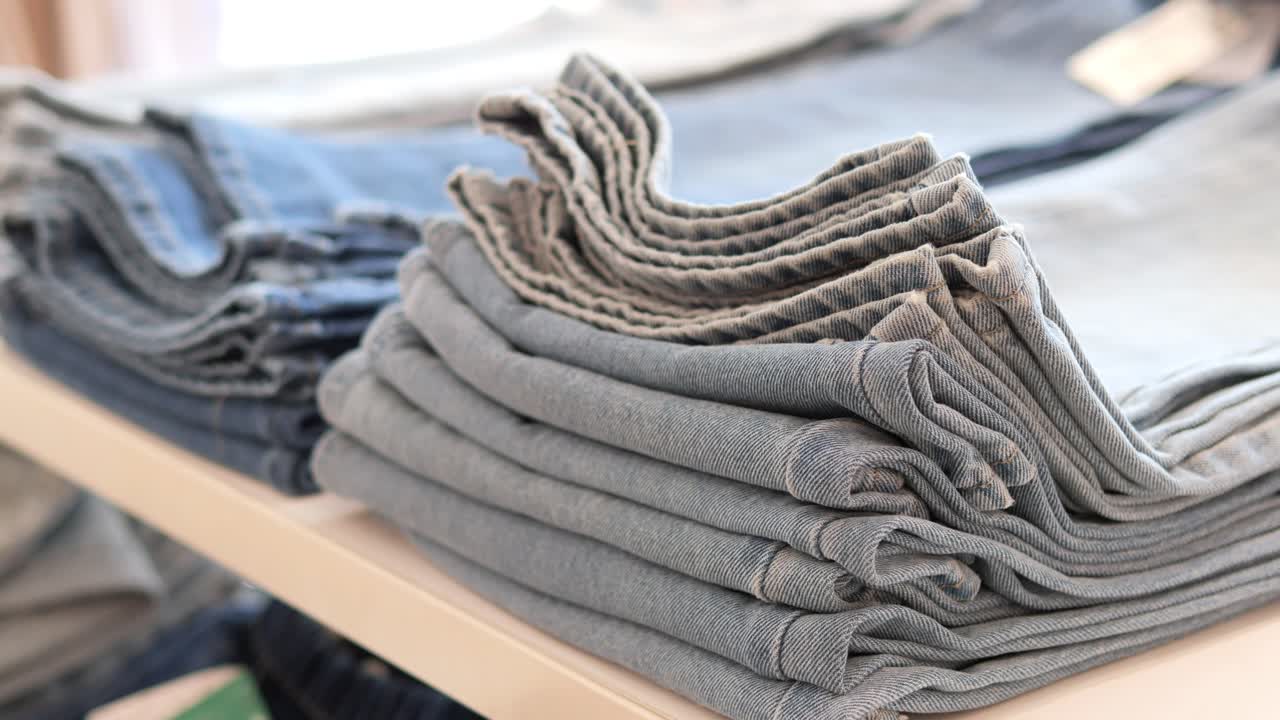 Pile di jeans in denim piegati su uno scaffale del negozio