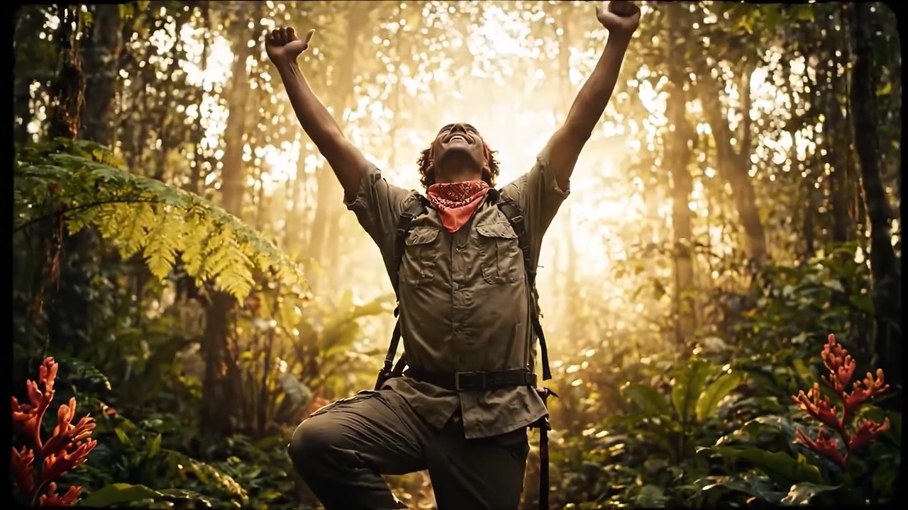 Um Aventureiro Solitário Abraça a Majestade da Natureza em uma Selva Vibrante, Celebrando a Emoção da Aventura e Descoberta em Meio à Folhagem Exuberante e à Luz Dourada do Sol