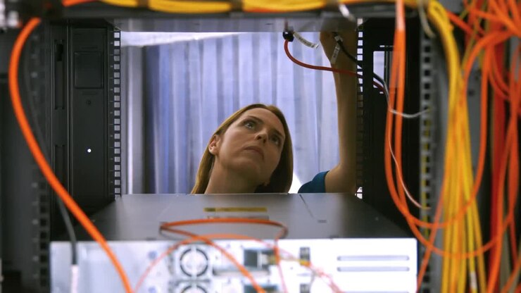Technician looking at open server locker