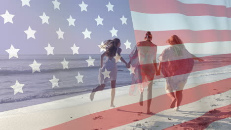 animation of flag of usa over happy diverse friends on beach in summer