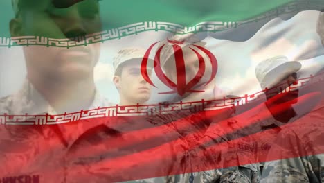 animación de la bandera de irán sobre varios soldados varones