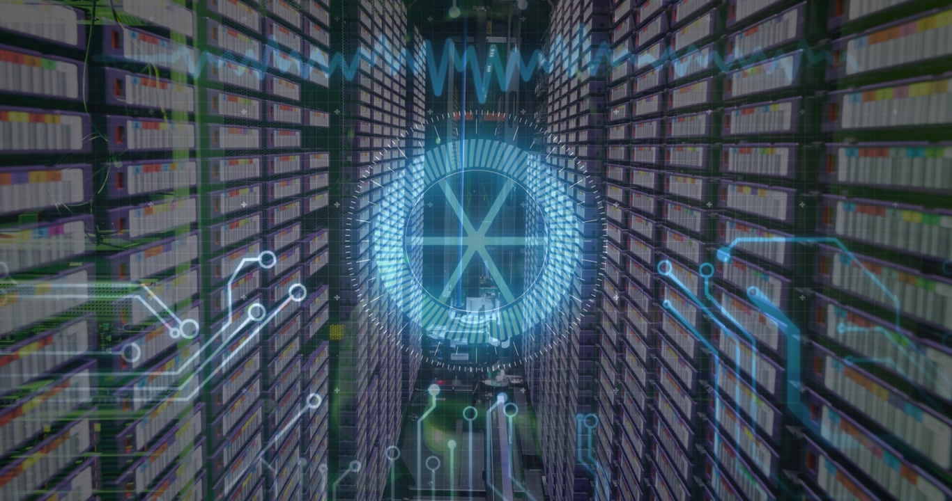 Animation of neon round scanner and microprocessor connections against empty computer server room