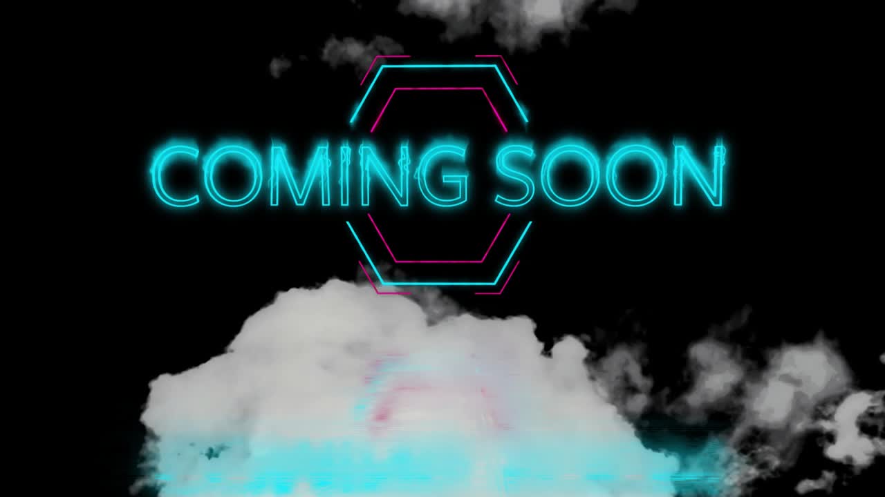 Drifting clouds showing glitching neon strokes assembling COMING SOON in hexagon announcing release