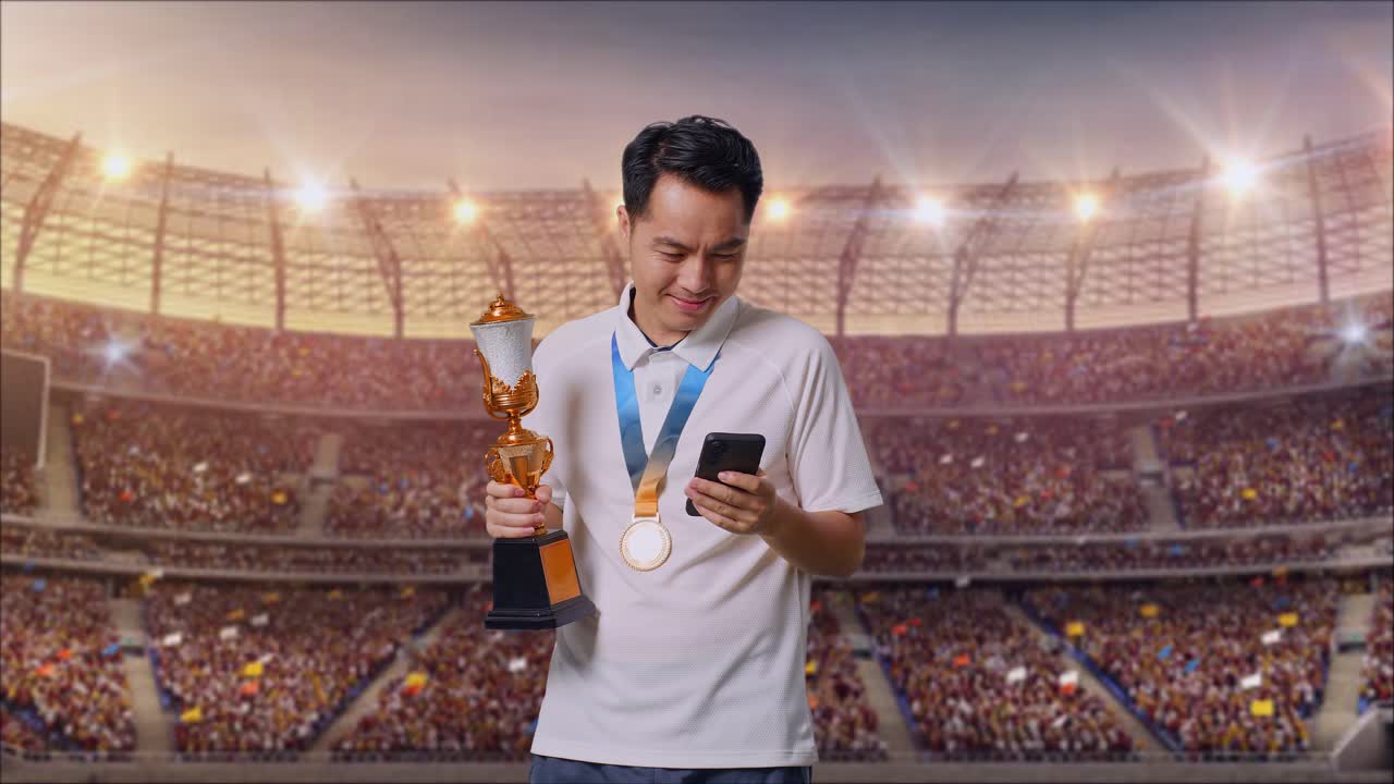 금메달을  아시아인 남자가 금 트로피를 들고 경기장에서 스마트폰을 사용하고 있다.