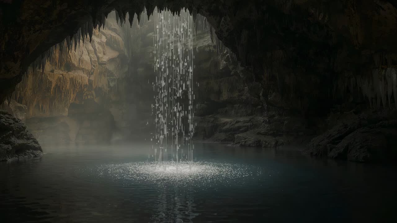 Falling waterfall column passing through cave opening into circular pool, forming splash and mist