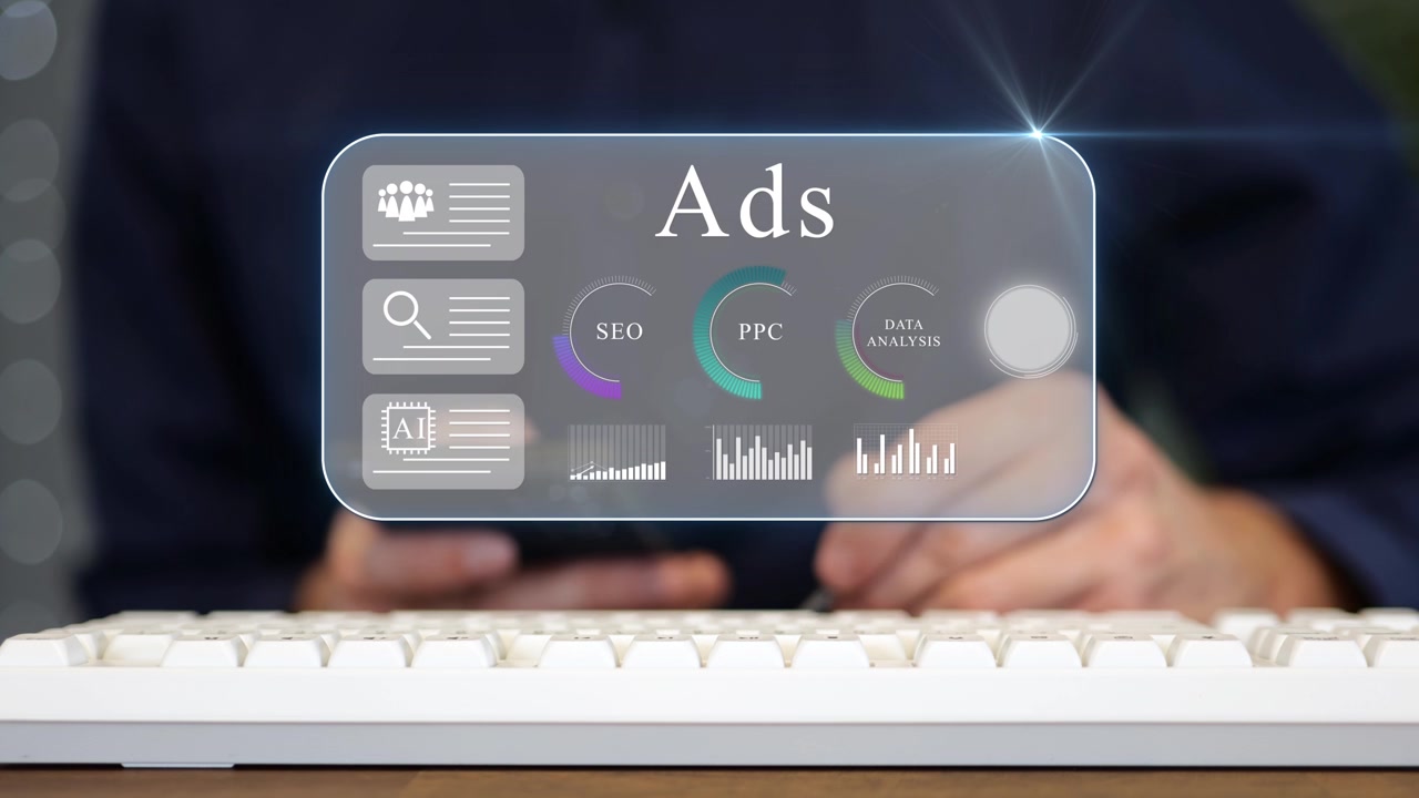 Close up of a businessman analyzing a digital marketing ads dashboard overlay with metrics for SEO, PPC, and data analysis while typing on a keyboard. Ideal for online business growth and advertising