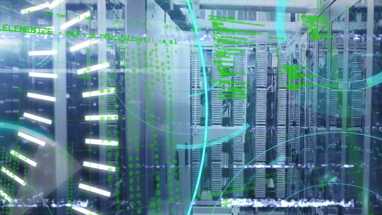 Animation of interference, data processing and 5g text over server room