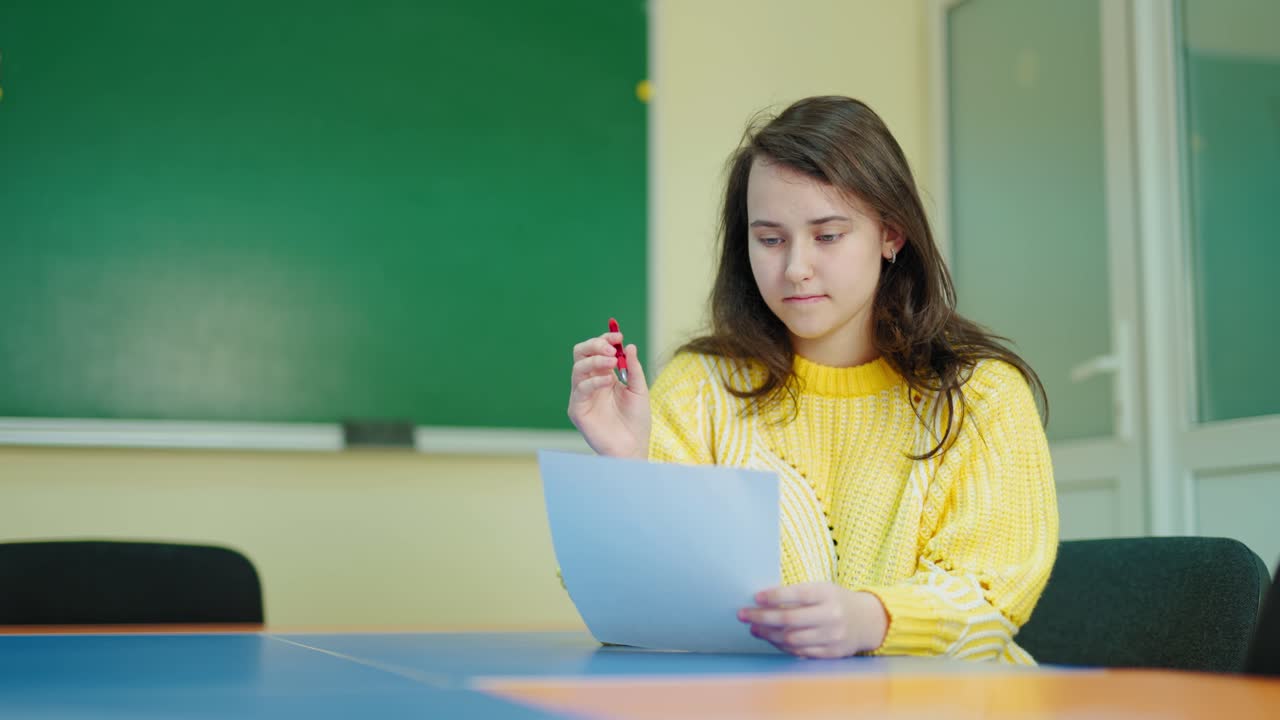 Serious schoolgirl in middle school. Female student sitting at the desk and thinking about her work in the classroom. Education at school.