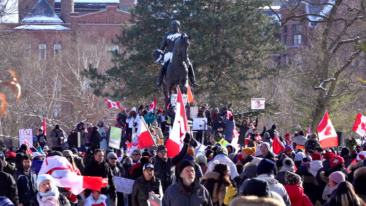 Large crowds protesting anti covid mandates in Toronto, people with signs and flags.