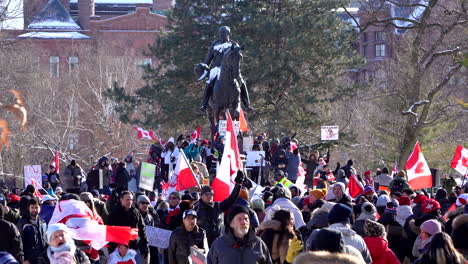 large crowds protesting anti covid mandates in toronto, people with signs and flags.