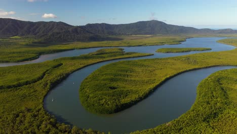 aerial view flying over rainforest river landscape