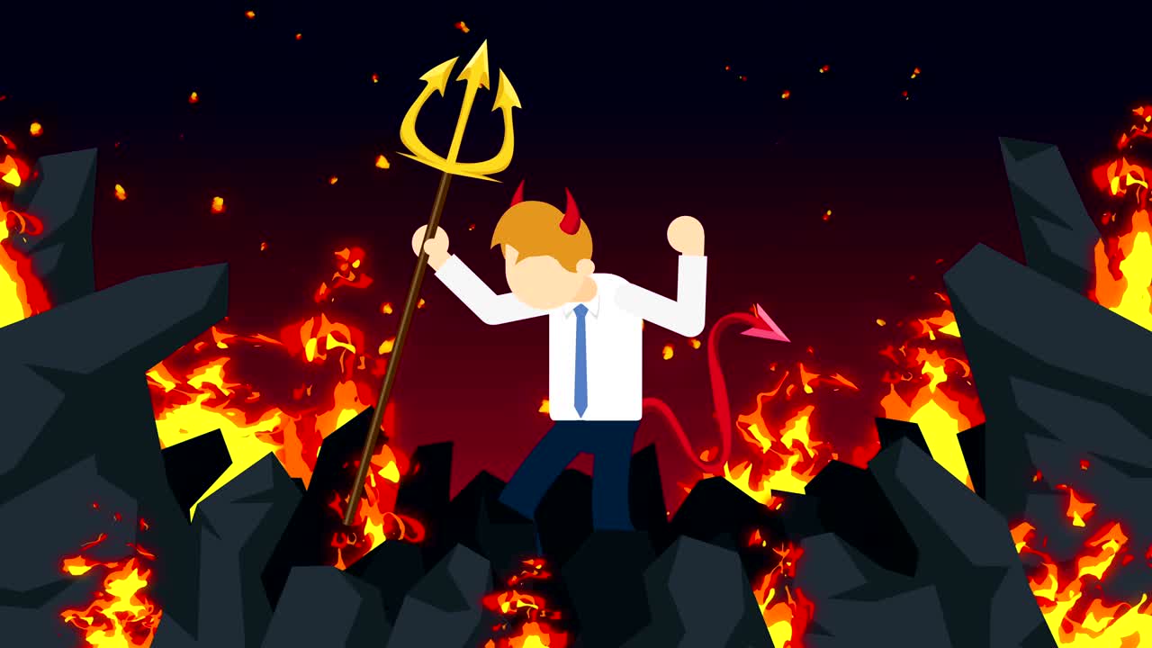 지옥에서 날아다니는 만화 악마, 불타는 야생에서 비즈니스 캐릭터, 할로윈, 코스플레이, 루프 무서운 애니메이션