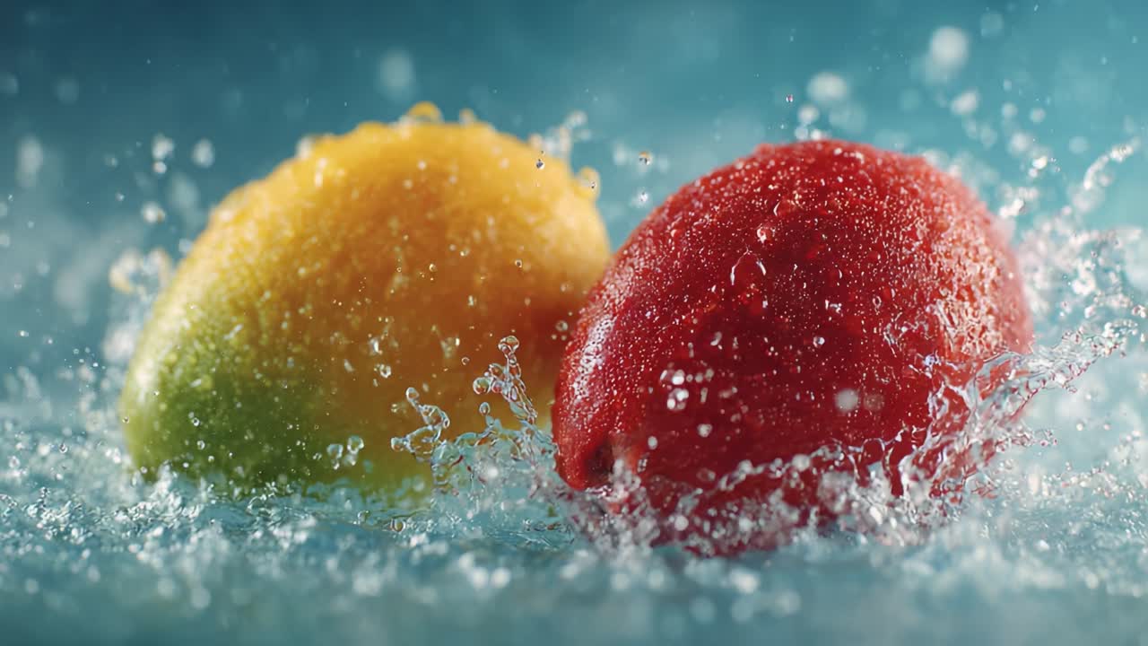 A Close-Up Showcase of Vibrant Mangoes Splashing in Water: The Fruits' Juicy Textures and Colors Emerge in a Stunning Visual Display Capturing Their Freshness