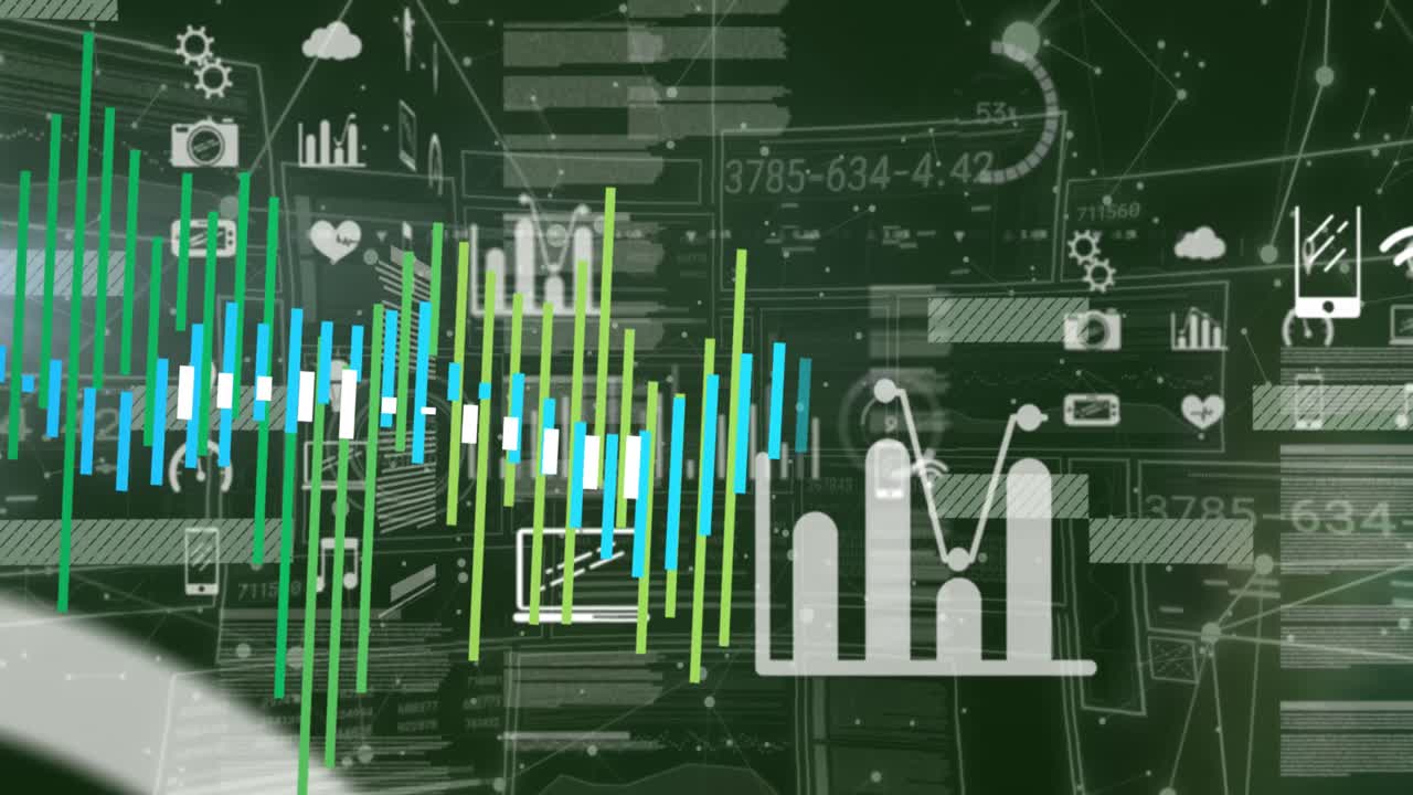 Animation of network of connections and interfaces with data processing against green background