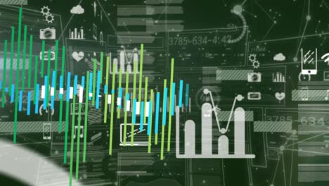 animation of network of connections and interfaces with data processing against green background