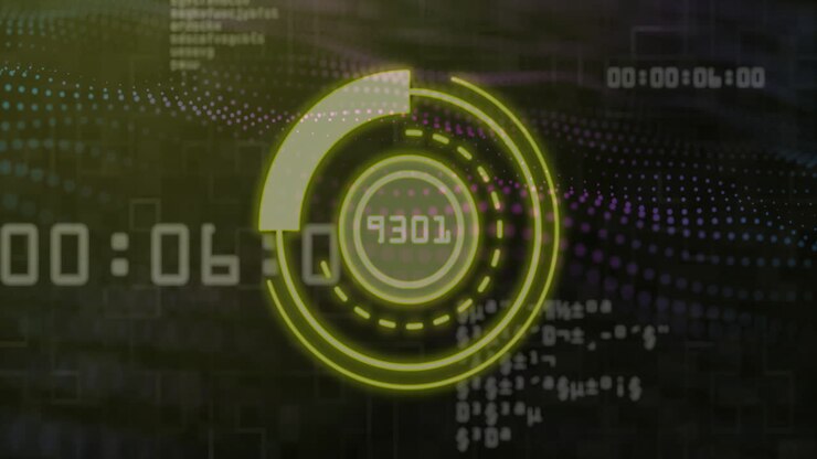 Digital countdown and data processing animation over abstract background with numbers