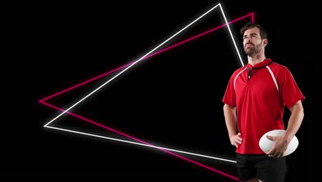 Animation-of-red-and-white-neon-triangles-and-caucasian-male-rugby-player-holding-ball