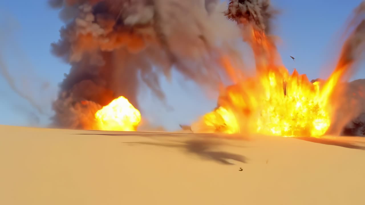 Massive fiery explosions generating dark, billowing smoke swirling over desolate desert landscape, revealing overwhelming destructive force of natural or military devastation