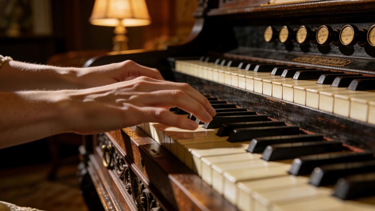 Mani che suonano, sospese, premono i tasti in un salotto, eseguendo una melodia con manopole di arresto e avambracci nudi.