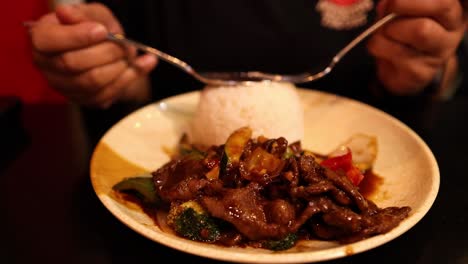 person eating stir-fried mongolian beef with rice