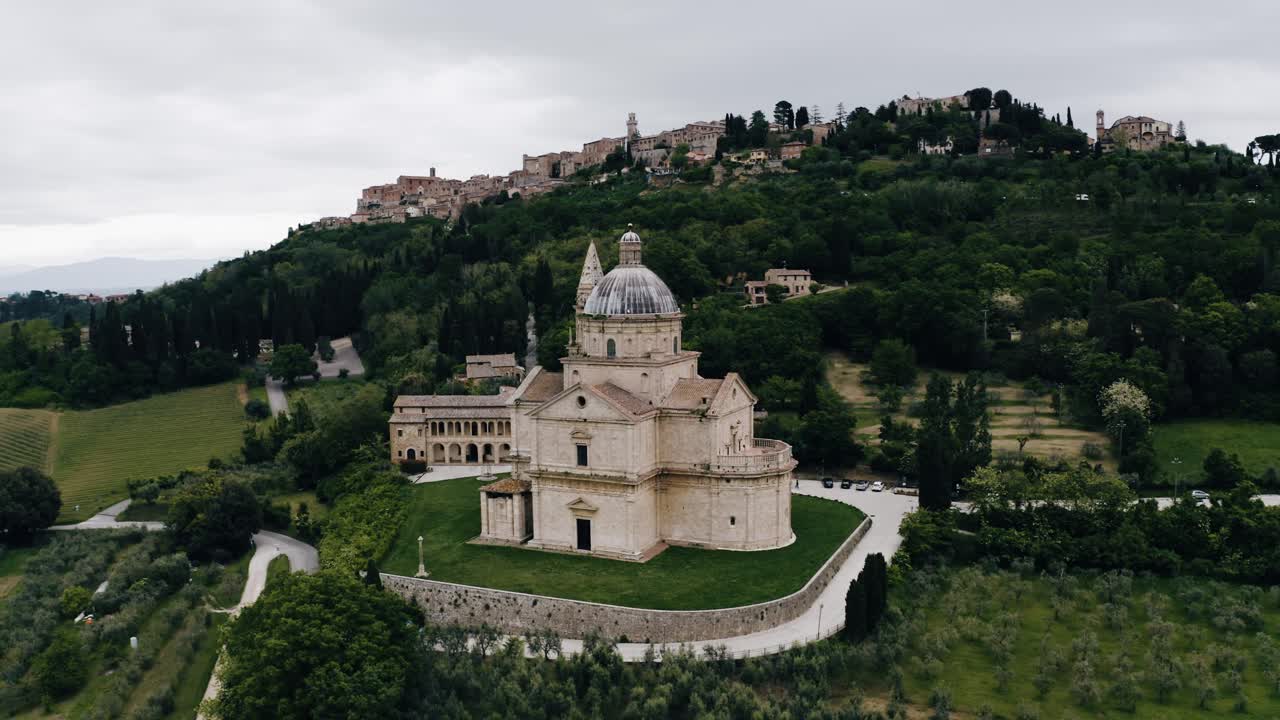 Drone shot of Sanctuary of the Madonna di San Biagio in Italy's green countryside
