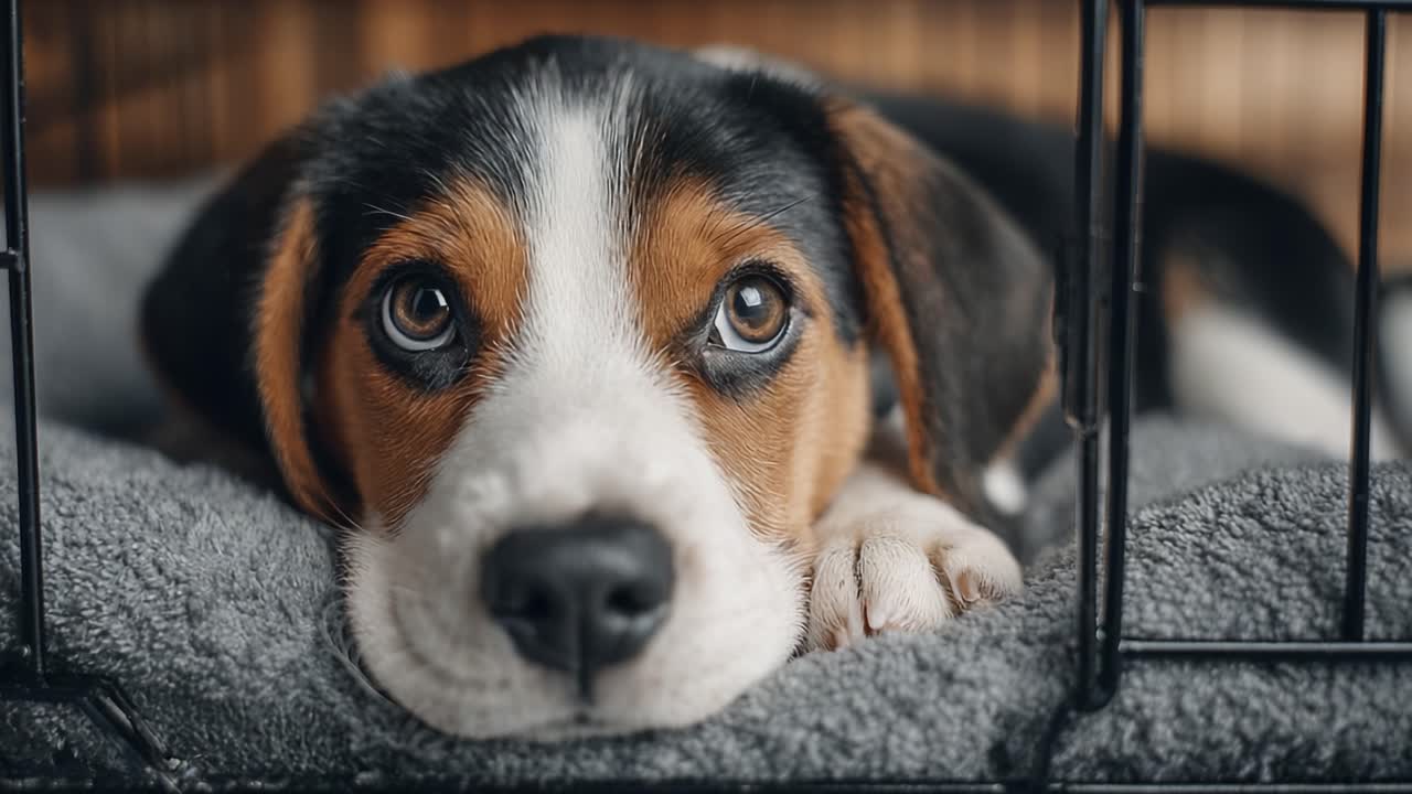 Un bellissimo cucciolo di beagle che riposa in una cuccia accogliente, che incanta i cuori con i suoi occhi grandi ed espressivi e le sue adorabili caratteristiche