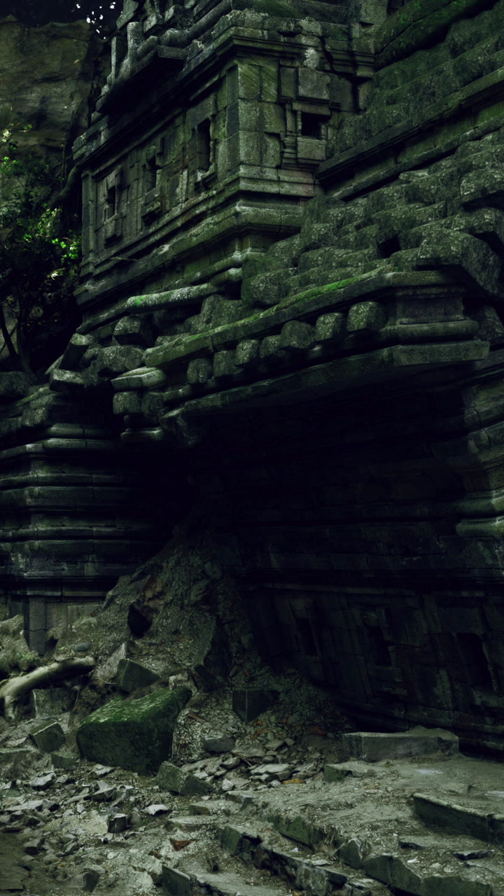 Mysterious ancient ruins covered in moss under soft twilight glow