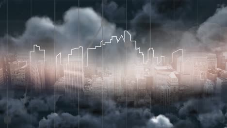 animación del contorno del paisaje urbano y las nubes tormentosas con cuadrícula