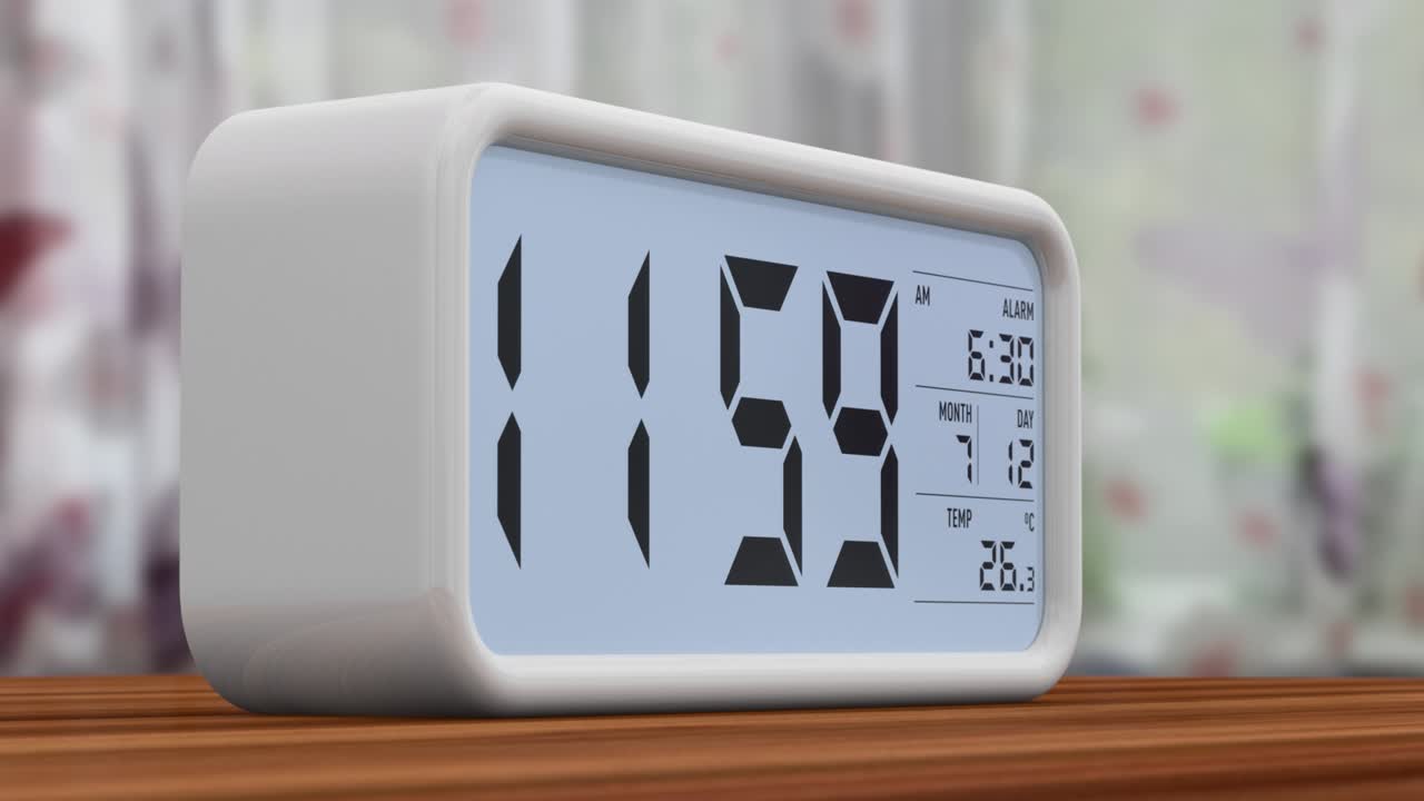 alarm clock on wooden table. 3D render