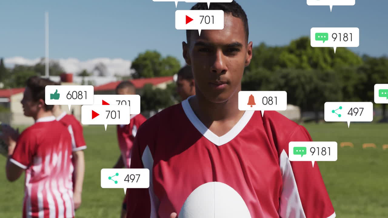 Sports team holding ball on grass field, showing floating media metric icons for digital marketing