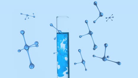 animation of floating nucleotides and liquid filled test-tube against blue background