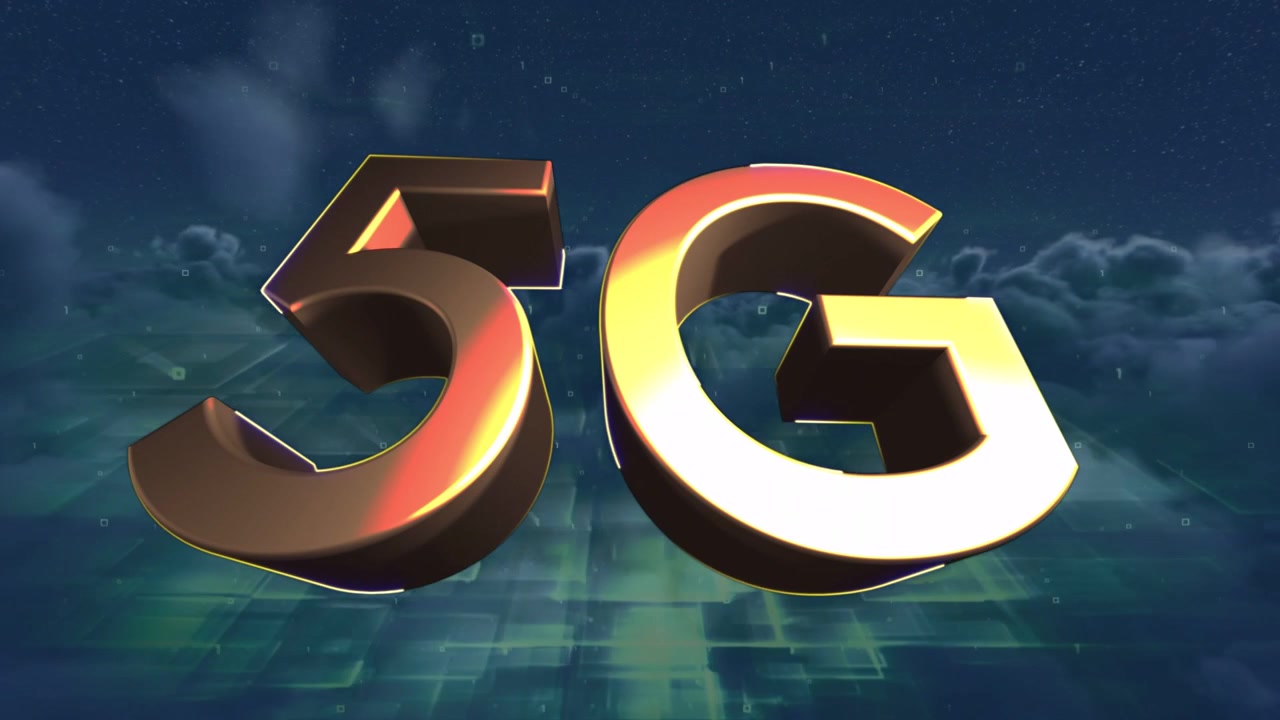 3D Golden 5G Logo Floating Above Digital Cloud Landscape