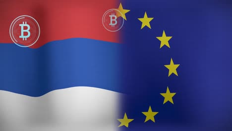 animation of bitcoin symbol over flag of serbia and eu