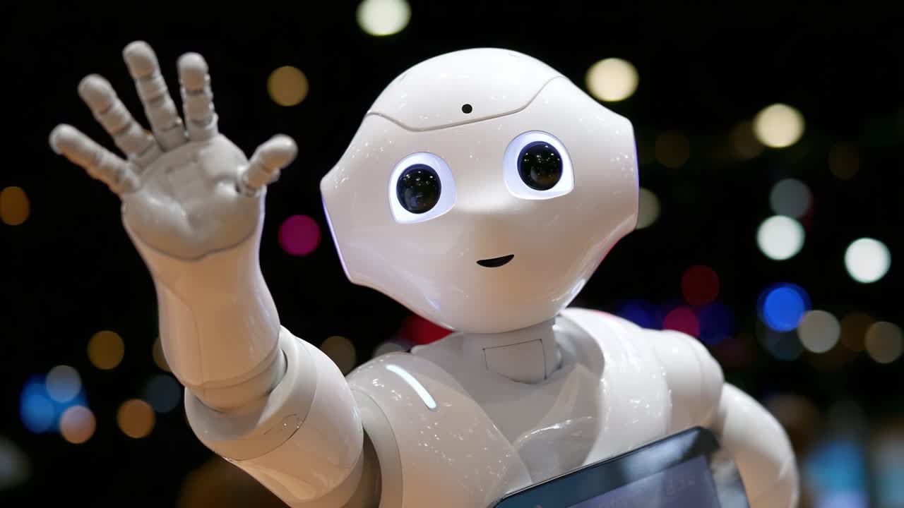 Robot Ramah Menyambut Penonton dengan Lambaian Tangan, Menampilkan Teknologi AI Canggih dan Fitur Mirip Manusia dalam Suasana Modern Penuh Cahaya Berwarna-warni