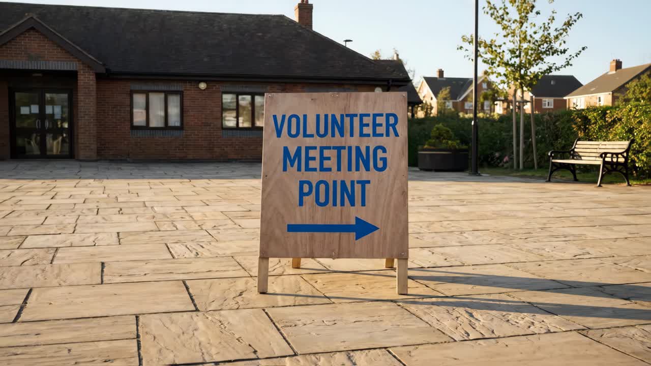 Wooden Volunteer Meeting Point Sign with Arrow Outside Building