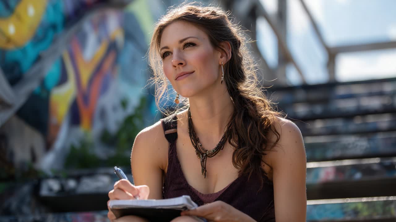 A Thoughtful Woman Sitting on Colorful Urban Steps, Deep in Reflection While Writing in Her Notebook, Surrounded by Vibrant Graffiti Art in a Sunny Outdoor Setting Capturing Moment of Creativity